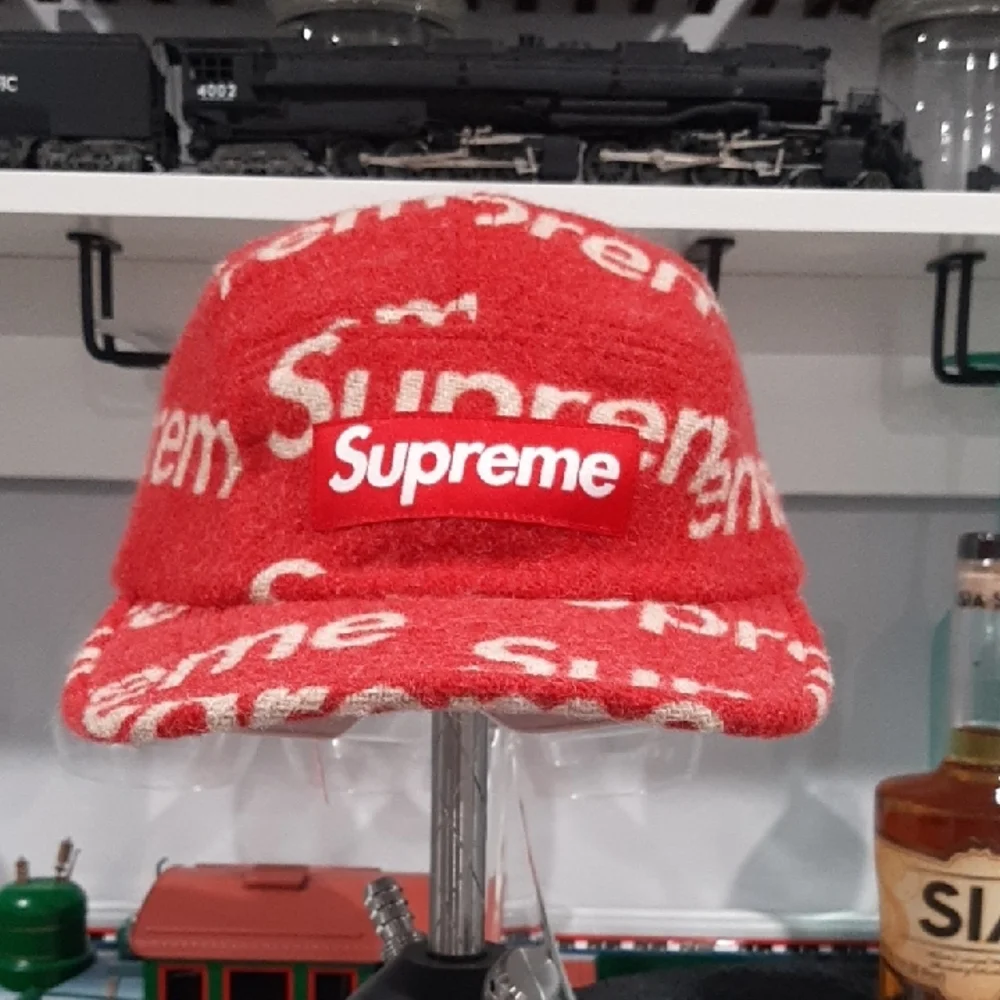 Supreme Red Wool Logo Camp Cap with White All-Over Branding